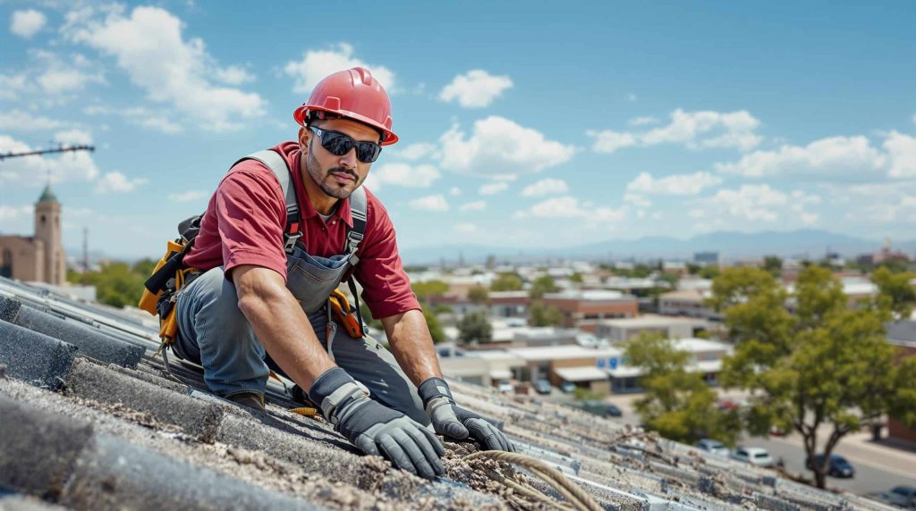 A worker applying materials to complete a new commercial roof in West Meadow, AZ.