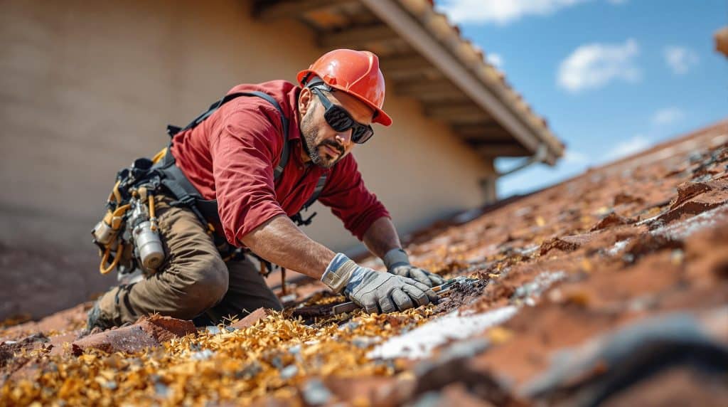 A worker ensuring a secure installation of a pitched roof on a business in Glendale, AZ.