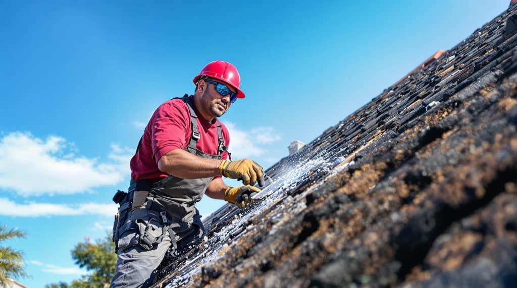 Roofing specialist reinforcing weak spots during a roof repair in Glendale, AZ.