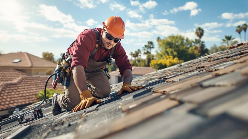 Worker carefully applying sealant to a flat roof in Glendale, AZ, for waterproof protection.