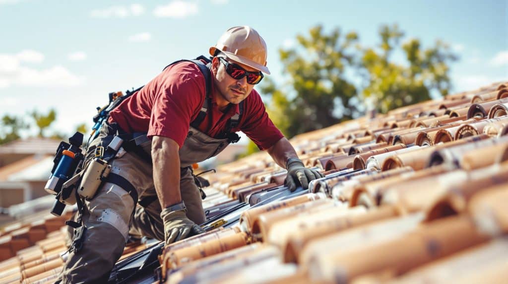 A skilled roofer laying down Spanish-style clay tiles for a roof replacement in Glendale, AZ.