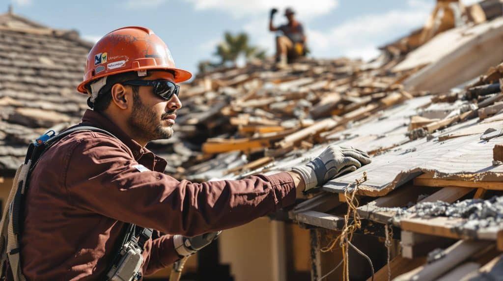 A roofer inspecting a roof in Glendale, AZ, that has been torn apart by harsh weather.
