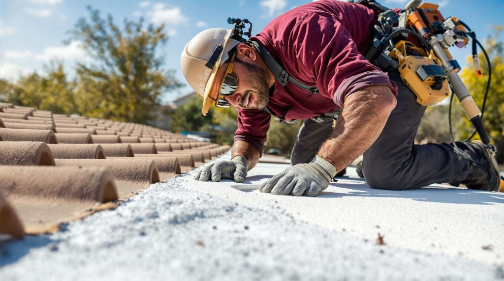 Skilled roofer restoring a polyurethane foam roof in Glendale, AZ, for improved insulation.