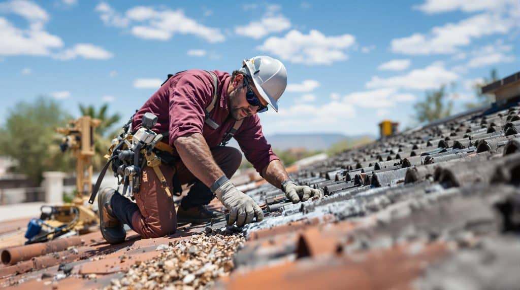 A worker reinforcing a commercial roof to prevent water leaks in Glendale, AZ.