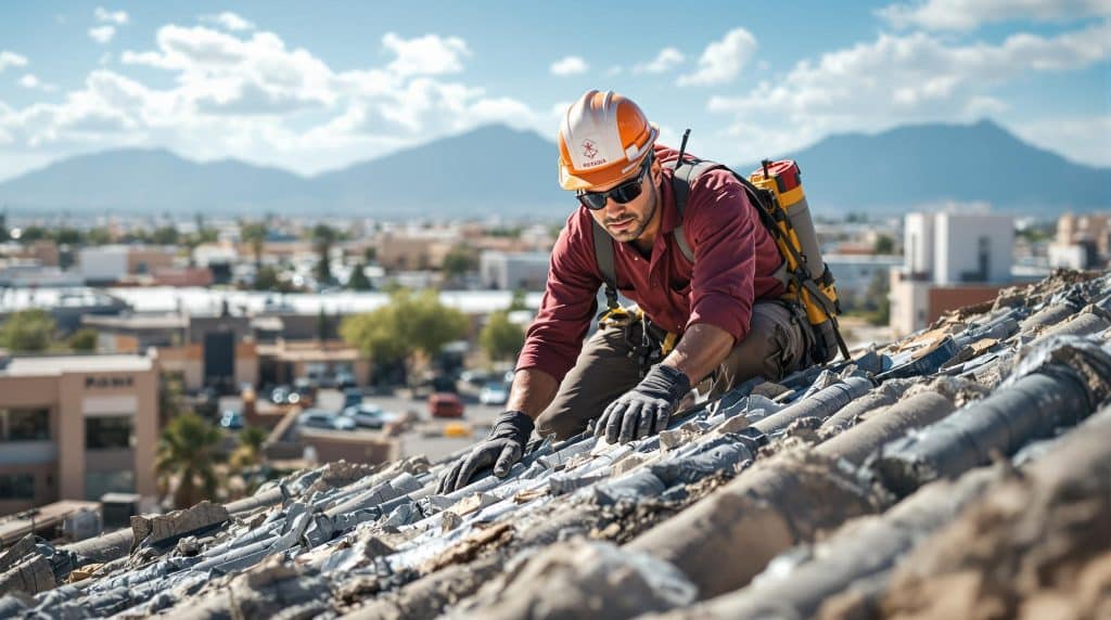 A worker securing new roofing materials on a commercial property in Glendale, AZ.