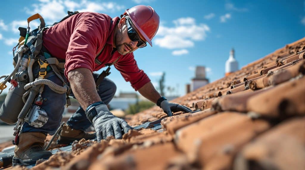 A worker securing new roofing materials for a roof replacement in Glendale, AZ.