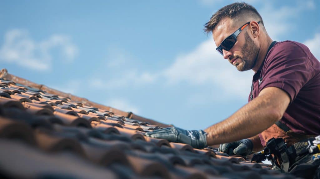 A roofing specialist working on a tiled roof under clear blue skies in Glendale, AZ, performing careful inspections as part of the reroofing process.